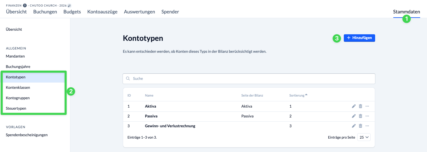 Screenshot: Kontotypen in den Stammdaten