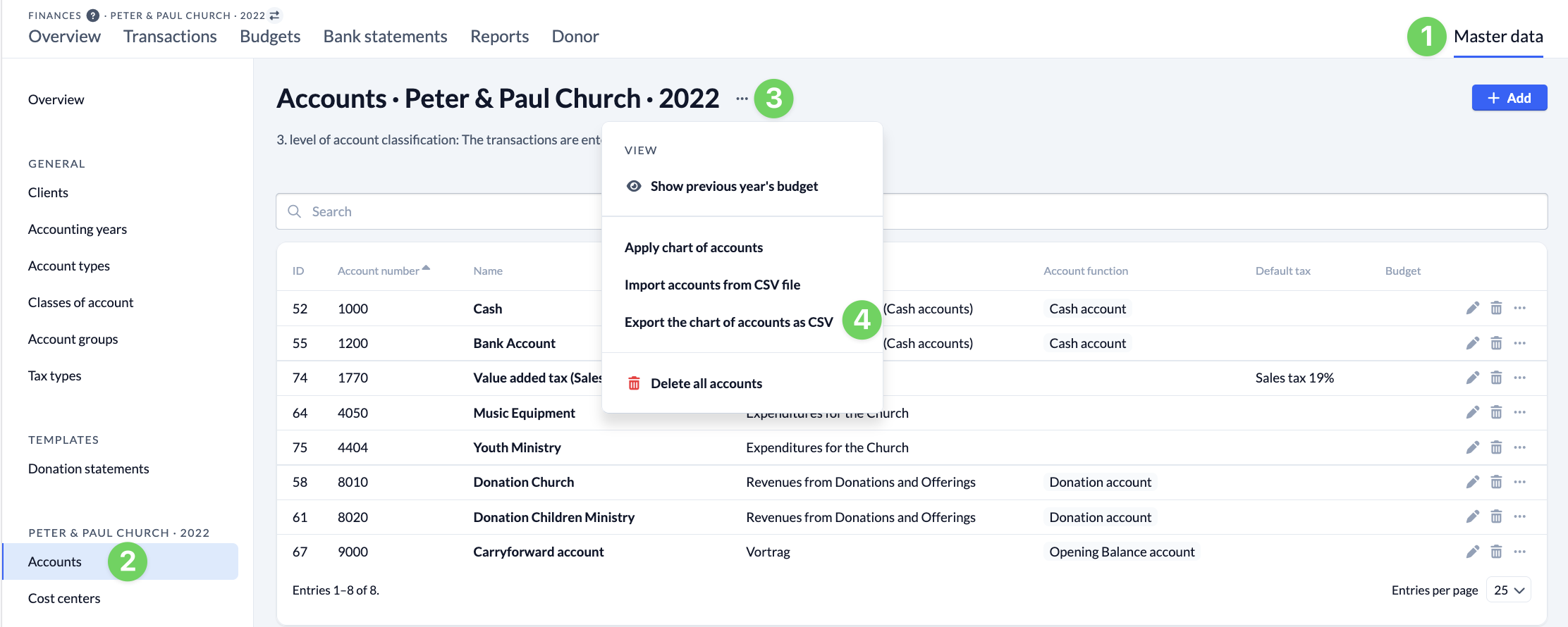 Screenshot Finances Master data Accounts Export the chart of accounts as CSV