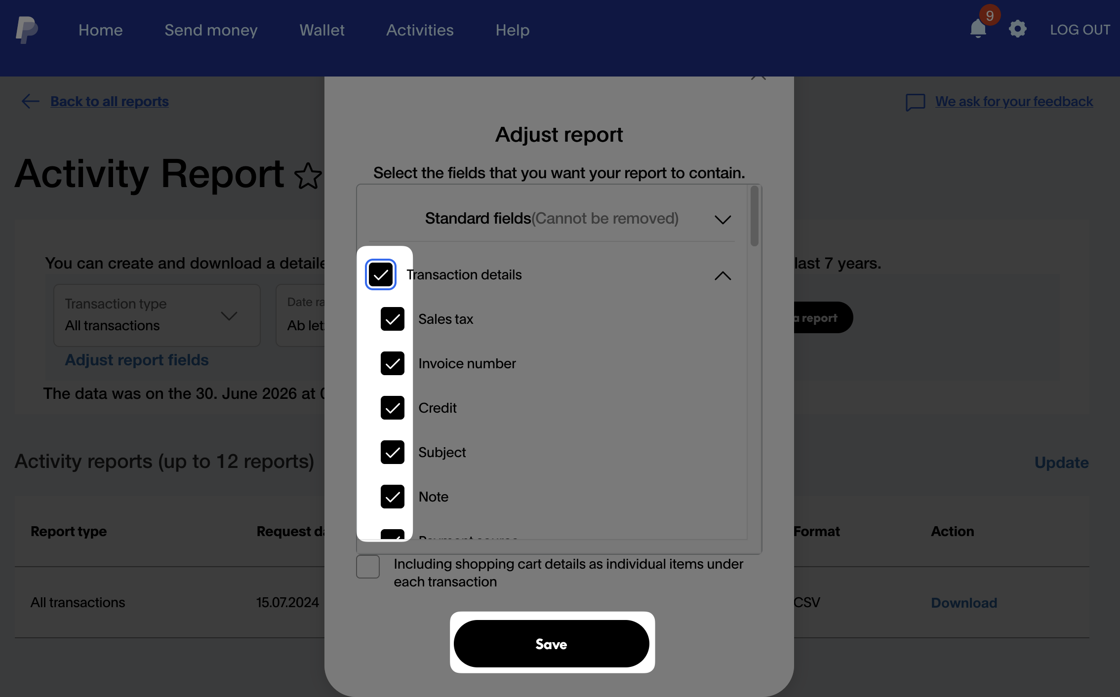 Screenshot Finances PayPal Activities Activity Report Adjust Report