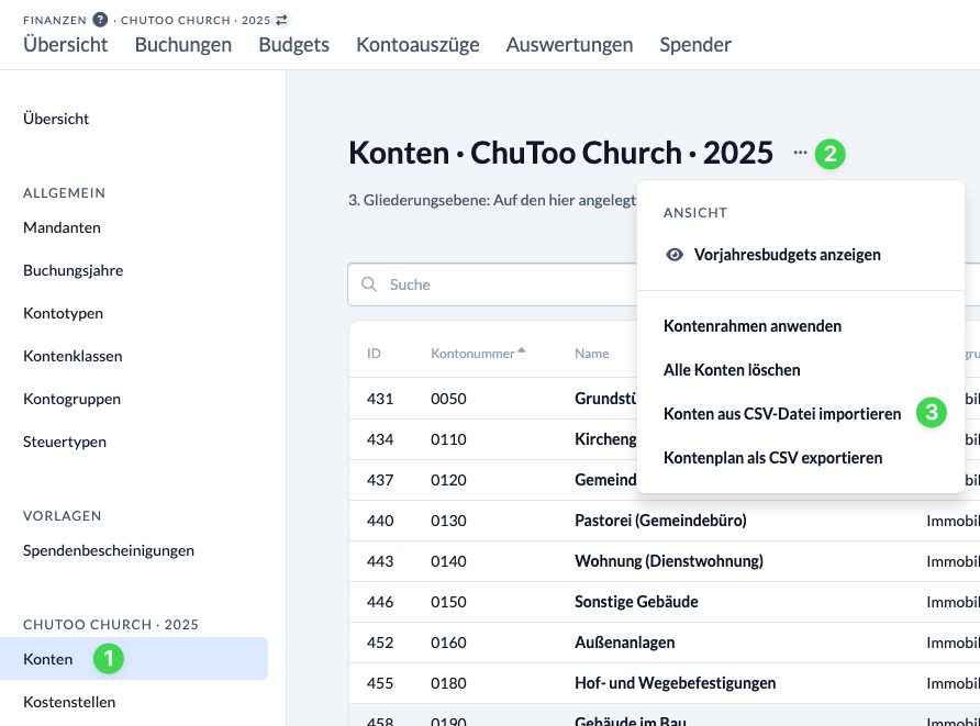 Screenshot Kontextmenü zu Konten in den Stammdaten im Modul Finanzen