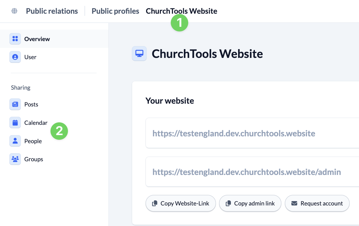 System settings - Public relations - ChurchTools Website