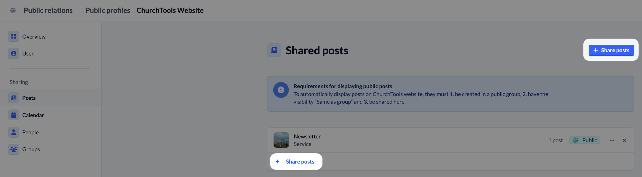 System settings - Public relations - ChurchTools Website - Shared posts
