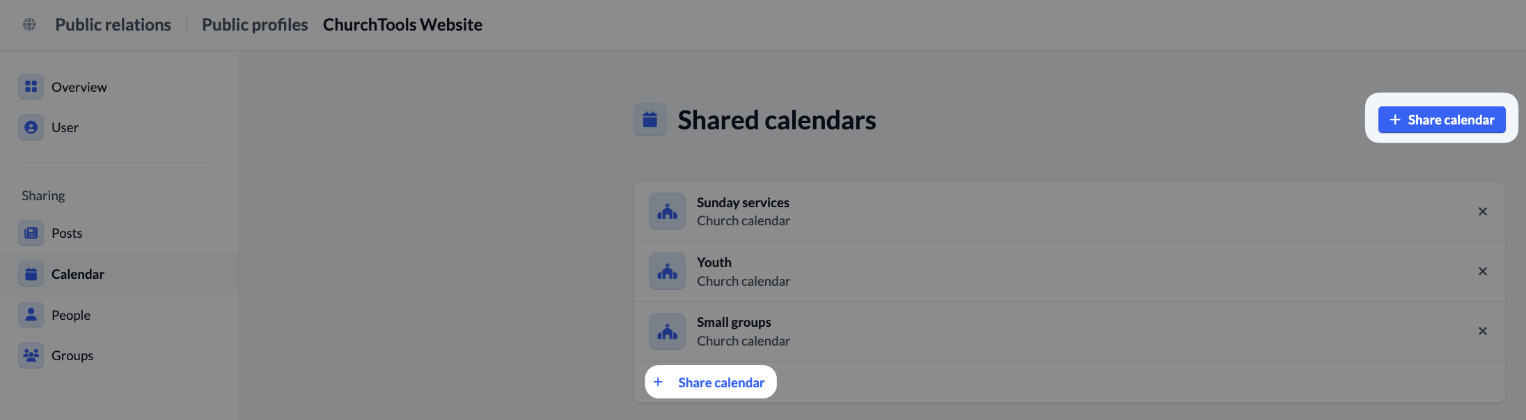 System settings - Public relations - ChurchTools Website - Shared calendars