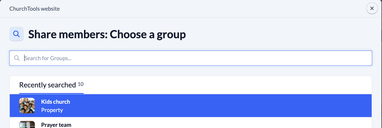 System settings - Public relations - ChurchTools Website - Share members - Choose a group