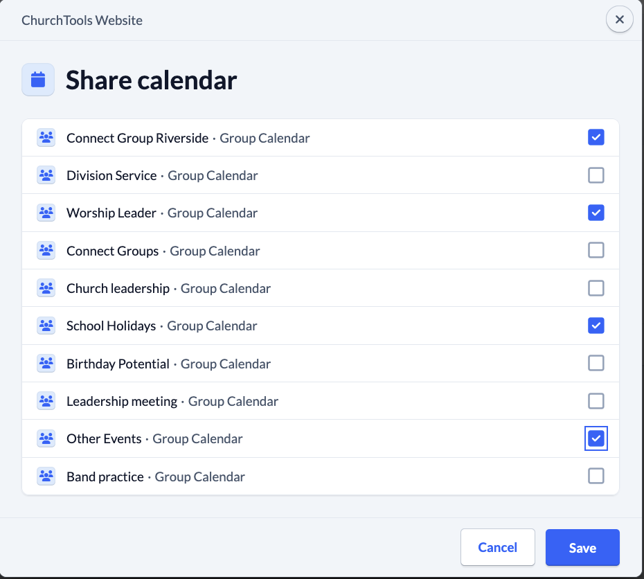 System settings - Public relations - ChurchTools Website - Share calendar