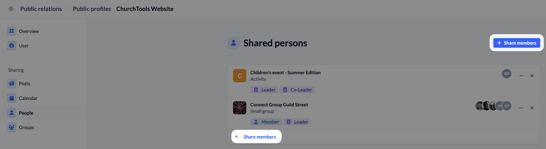 System settings - Public relations - ChurchTools Website - Shared persons