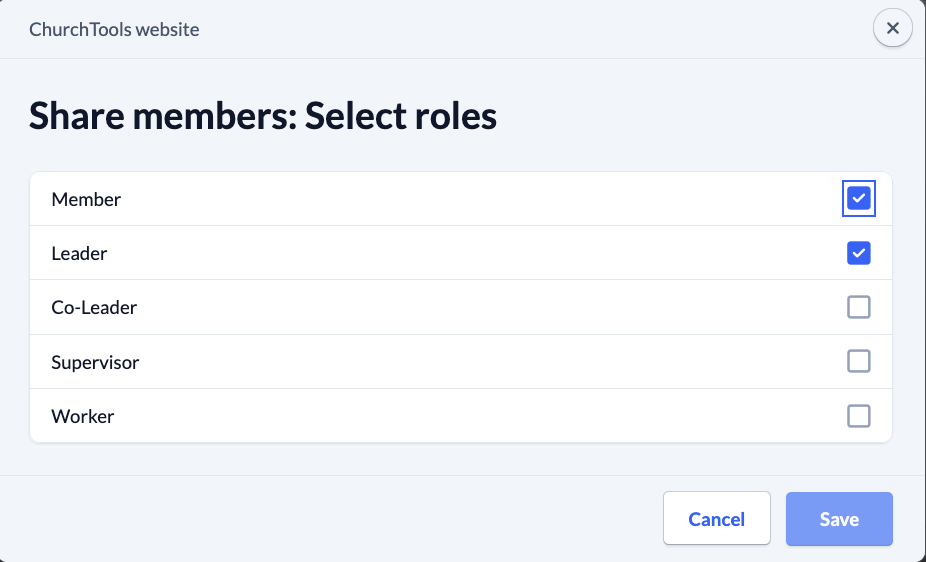 System settings - Public relations - ChurchTools Website - Share members - Select roles
