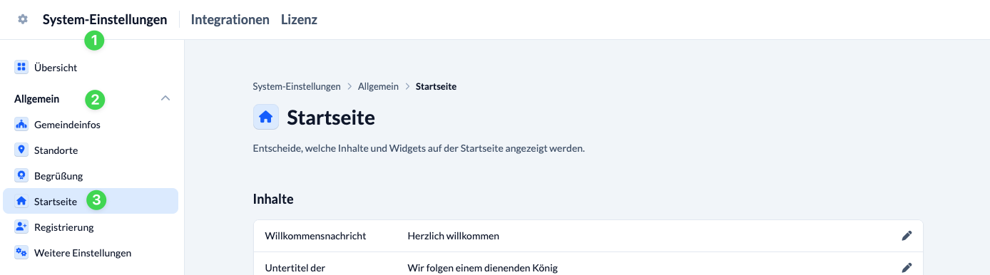 Screenshot System-Einstellungen für die Startseite aufrufen;
(1) System-Einstellungen aufrufen
(2) Allgemein aufklappen
(3) Startseite aufrufen