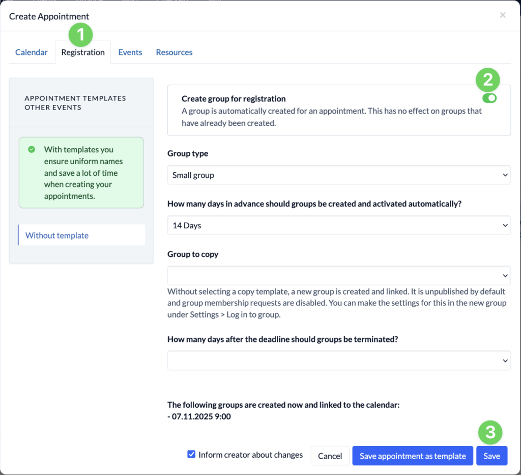 Calendar Create Appointment with group for registration