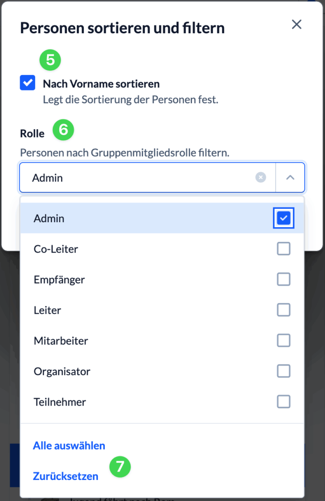 Check-in Personenliste Zahnrad-Menü