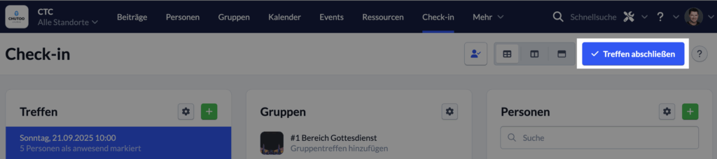 Check-in Schaltfläche Treffen abschließen