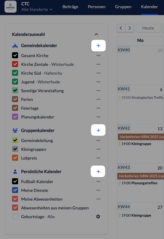 Screenshot Kalendermodul, linkes Menü, Kalender erstellen