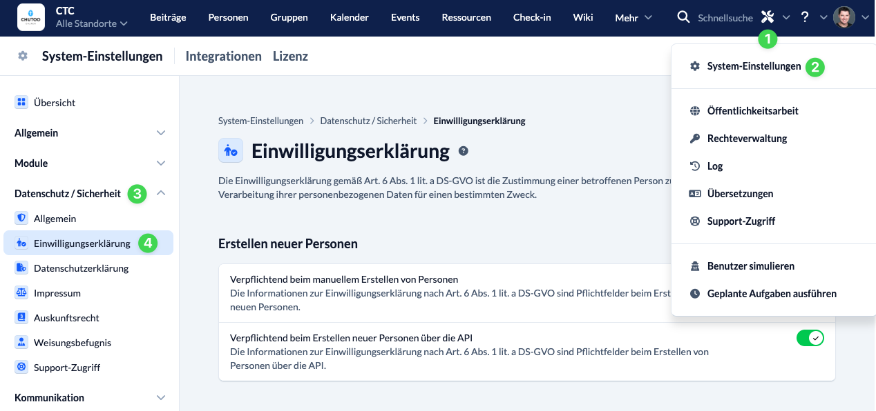 Screenshot Einwilligungserklärung in den System-Einstellungen aufrufen