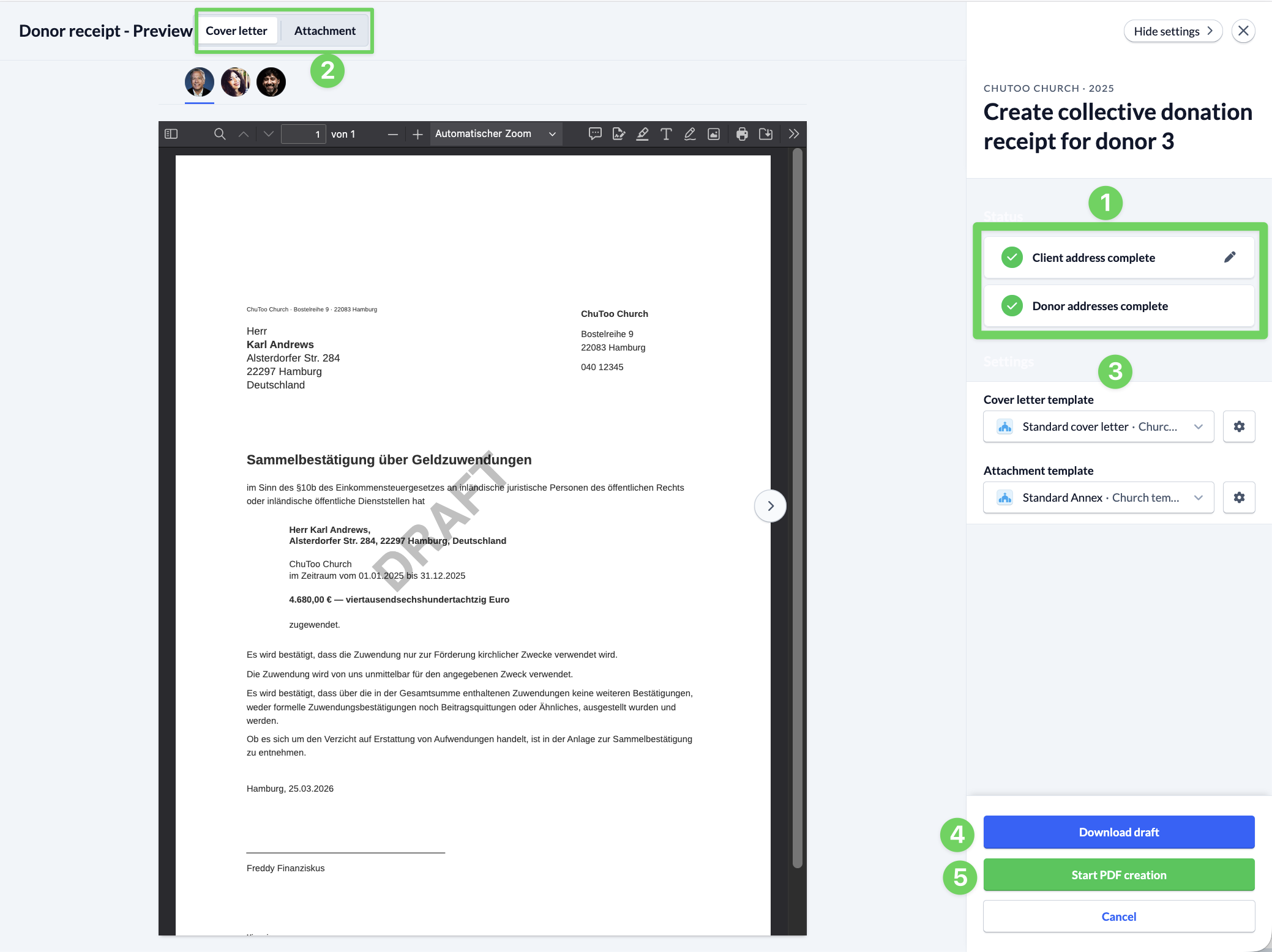 Screenshot Finance Donor Create collective donation receipt for donors