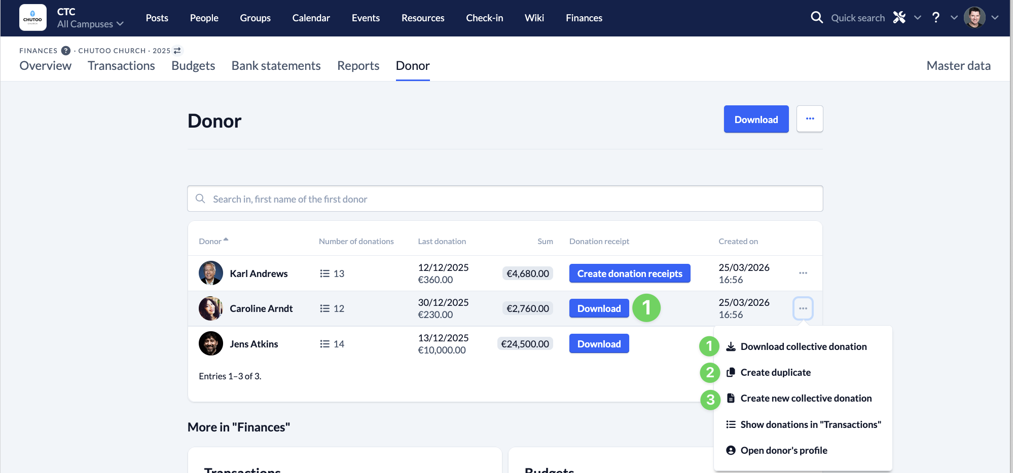 Screenshot Finance Donor Download and 3-dot menu