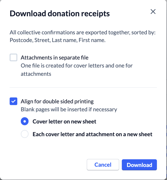 Screenshot Finance Donor Download donation receipts options