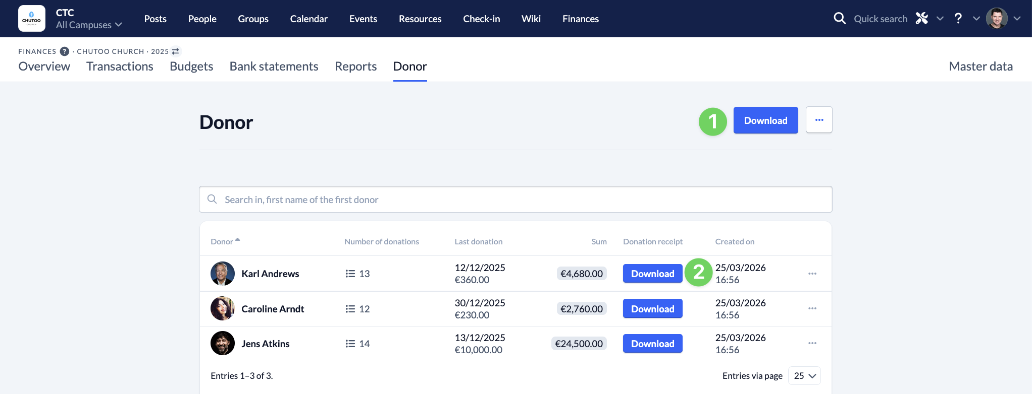 Screenshot Finance Donor Download donation receipts