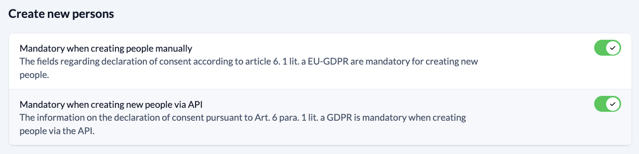 System settings - Data security privacy - Declaration of consent - Create new persons