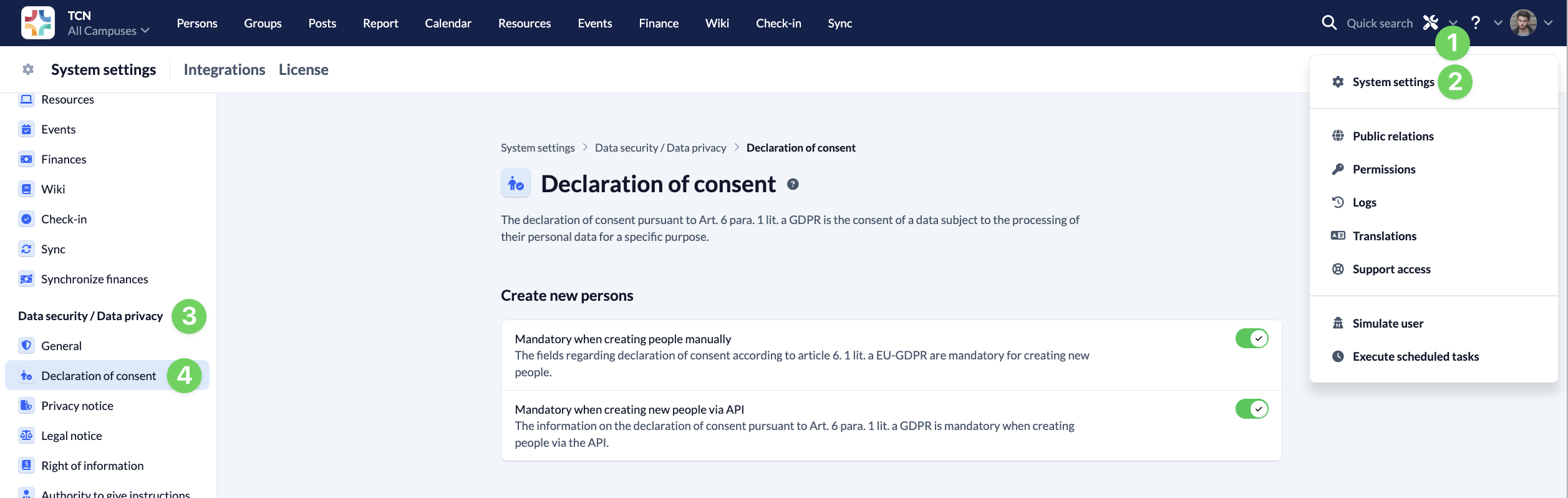 System settings - Data security privacy - Declaration of consent - Mandatory