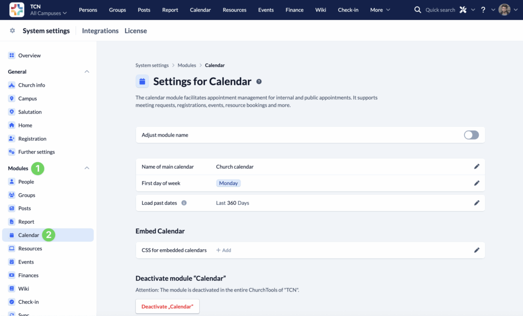 System settings -> Modules -> Calendar