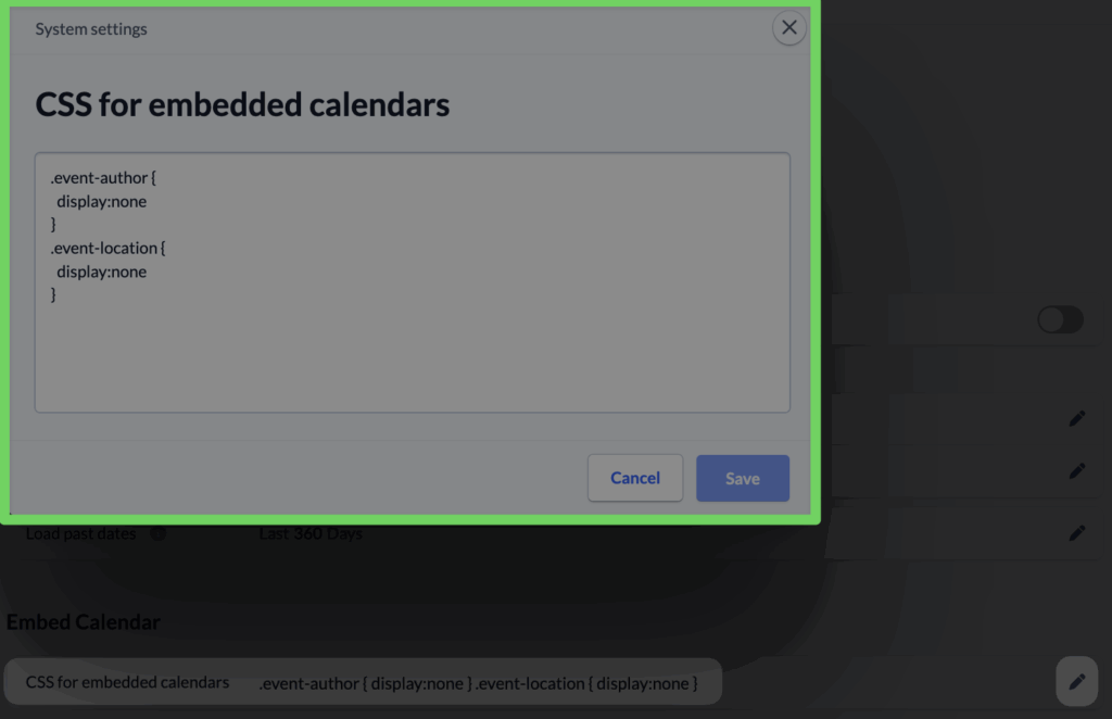 System settings - calendar - CSS for embedded calendars