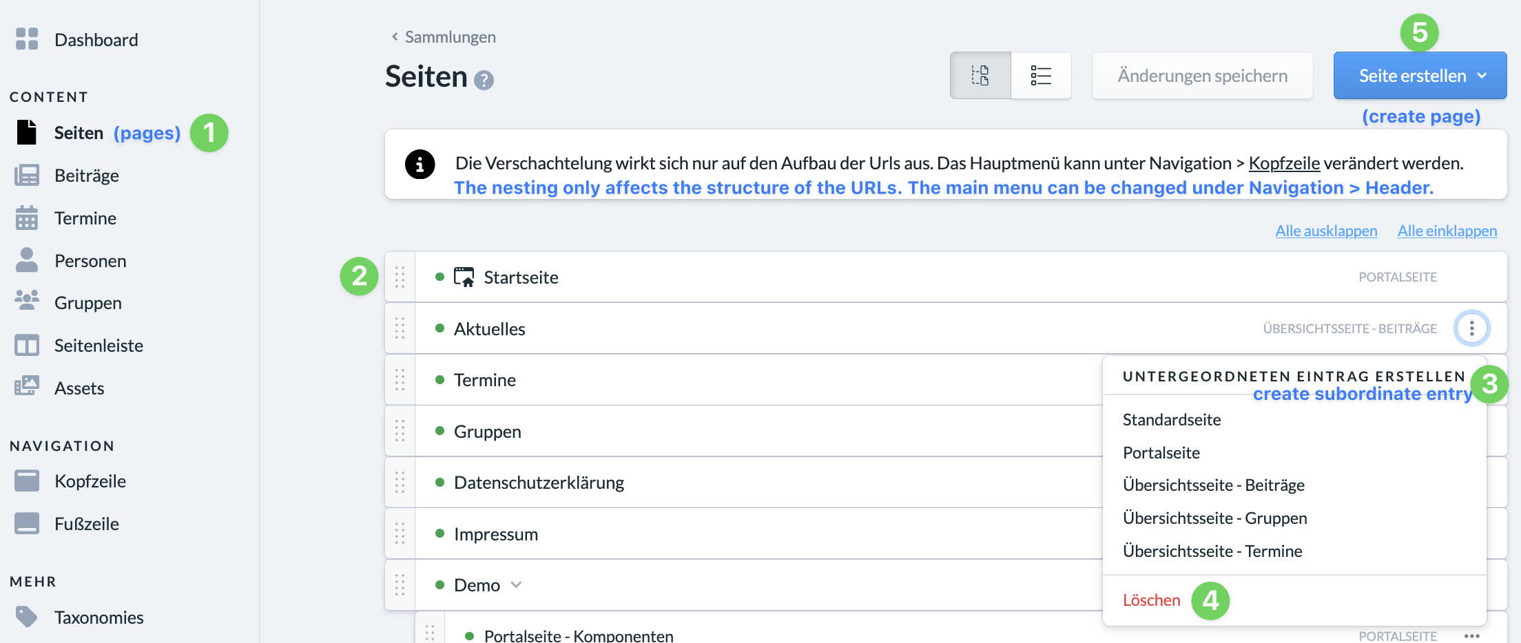 Pages can be created and edited in the dashboard under Pages.