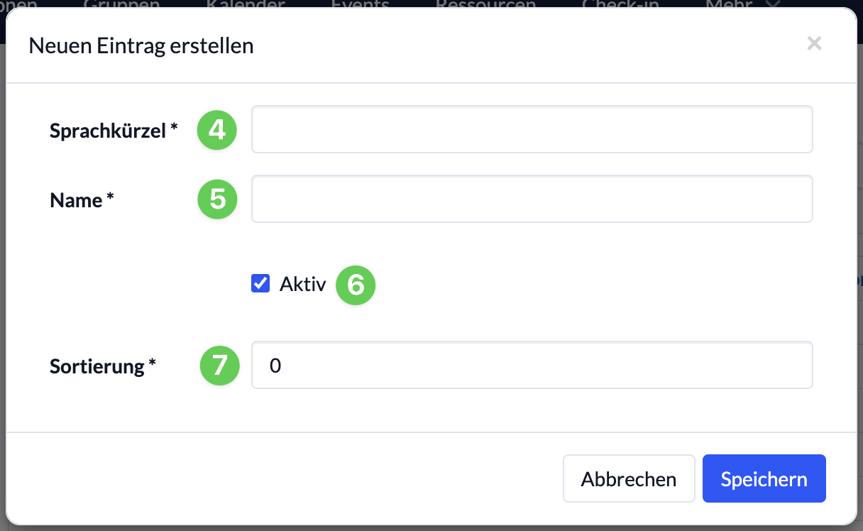 Verwalten-Menü, Option: Übersetzungen, Reiter: Sprachen, Option: Neuen Eintrag erstellen