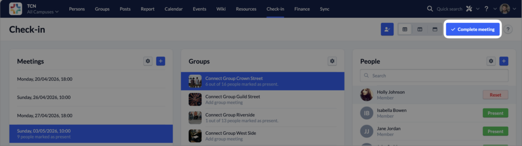 Screenshot Check-in Complete meeting
