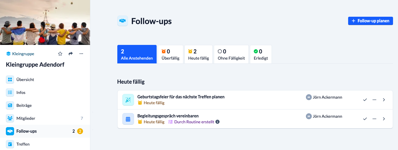 Screenshot Follow-ups einer Gruppe