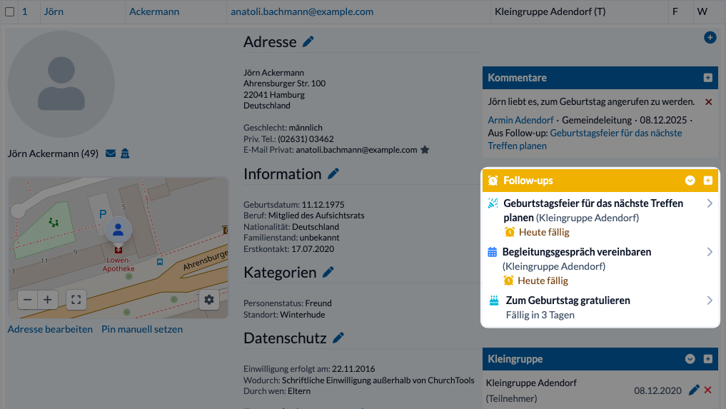 Screenshot Follow-ups in einem Personeneintrag