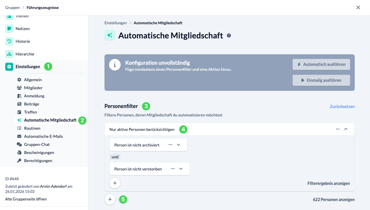 Screenshot Automatic membership; add further filters to person filter