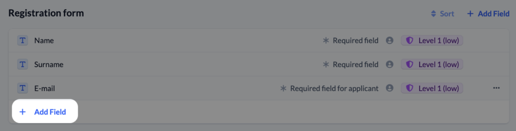 Screenshot Groups Settings Registration Registration form Add field