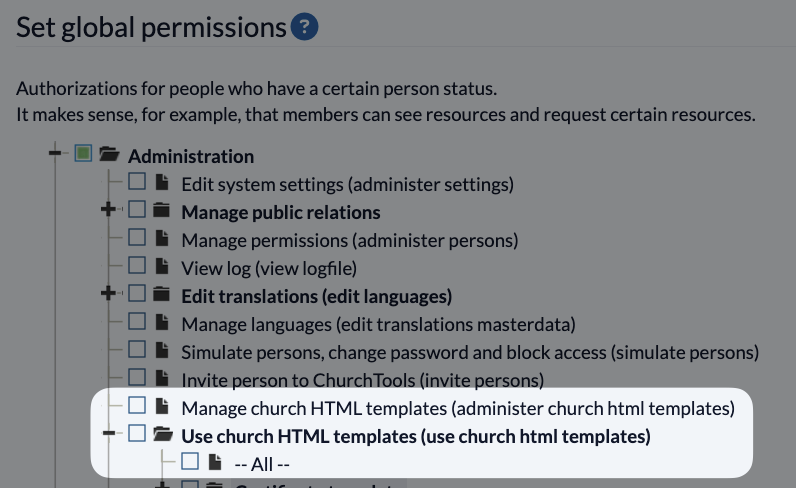 Screenshot Permissions Manage church HTML templates