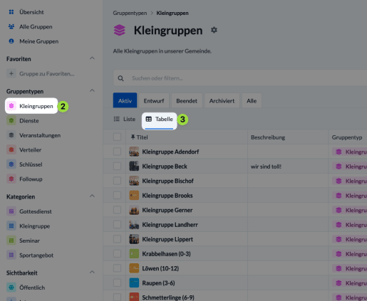Screenshot Tabellenansicht eines Gruppentyps öffnen