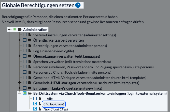 Rechteverwaltung Administration Bei Drittsystem via ChurchTools-Benutzerkonto einloggen