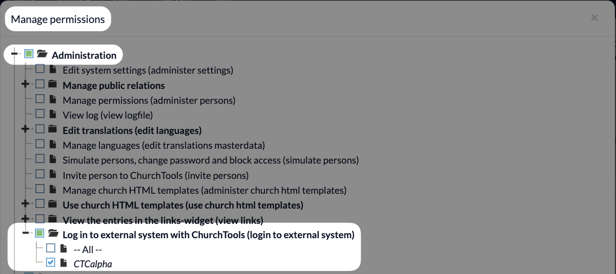 Permissions - Administration - Log in to external system with ChurchTools