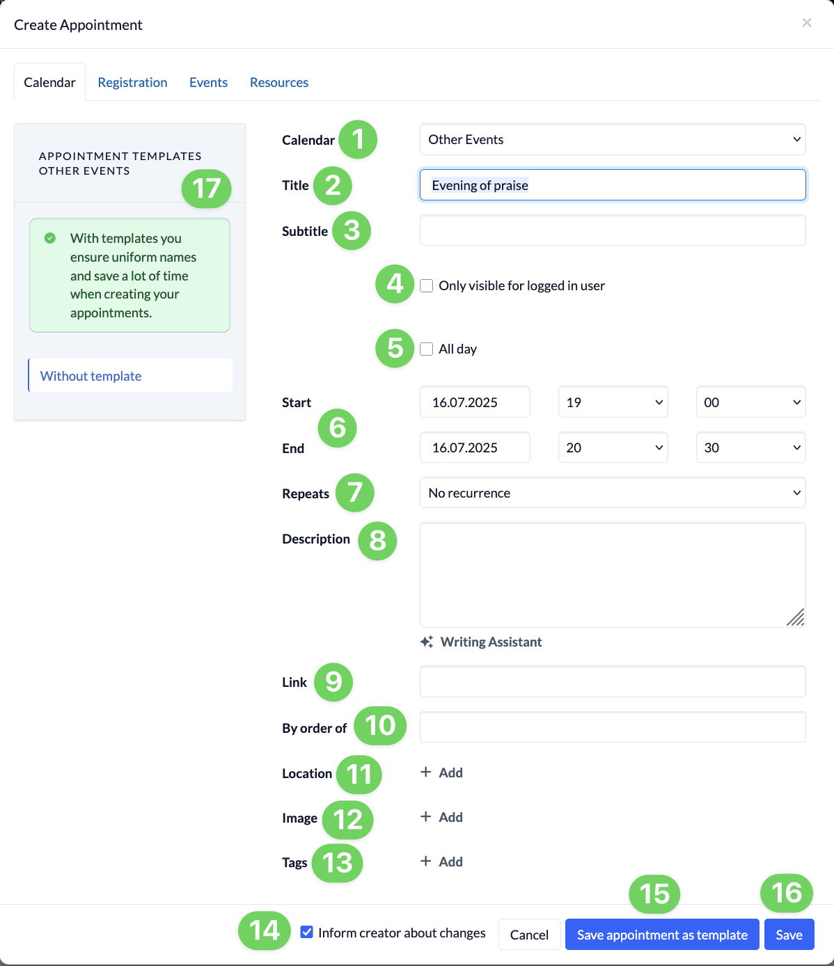 Calendar Create Appointment dialog