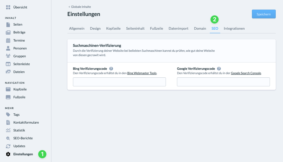Screenshot Website Einstellungen SEO