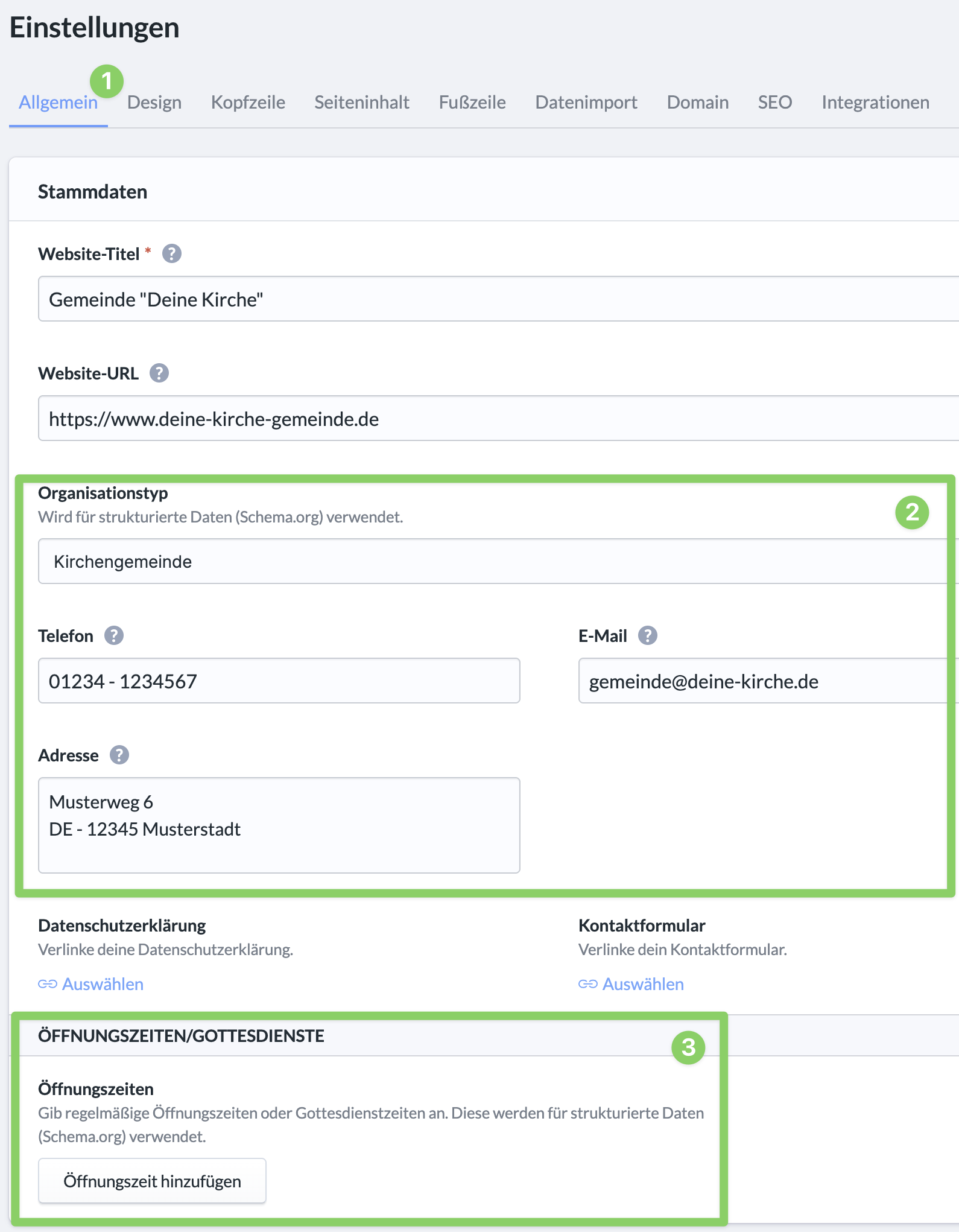 Screenshot Website Einstellungen - Allgemein - Schema.org-Daten