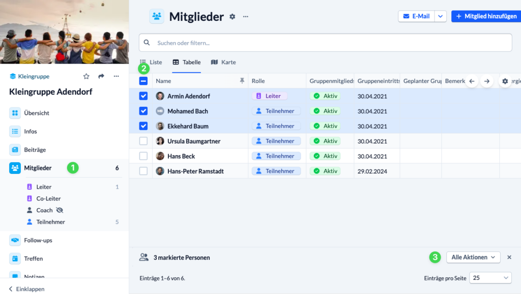 Screenshot Sammelaktionen für Personendaten auswählen