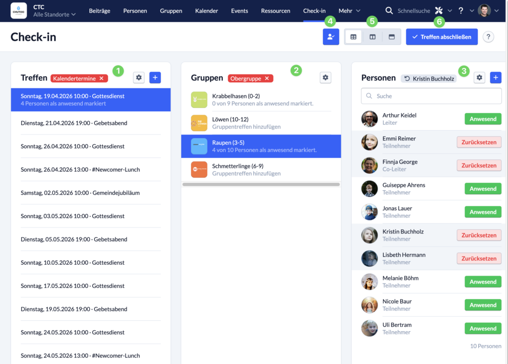 Screenshot Check-in Überblick