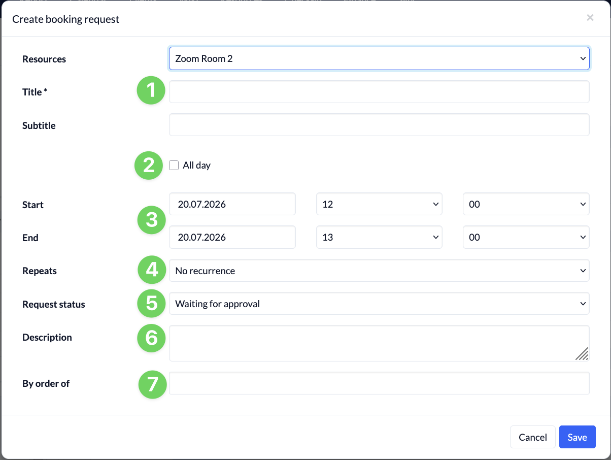 Screenshot Ressources Create booking request