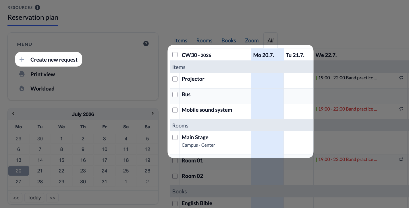 Screenshot Ressources Create new request