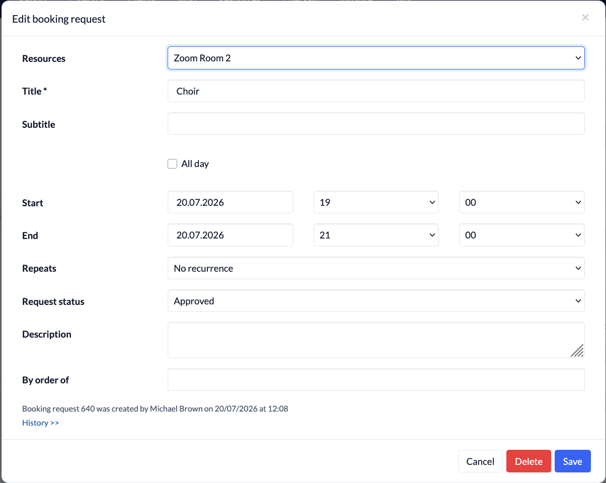 Screenshot Ressources Edit booking request