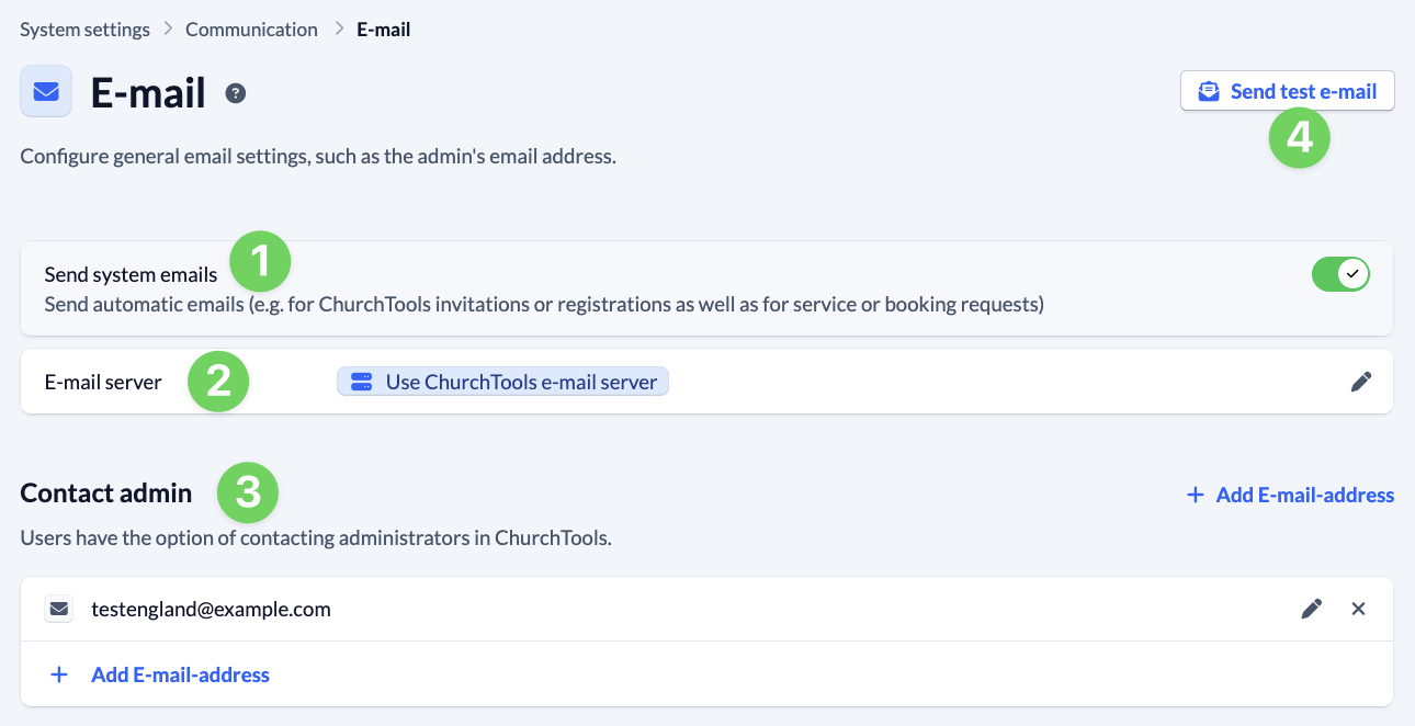 Screenshot System settings Communication E-mail