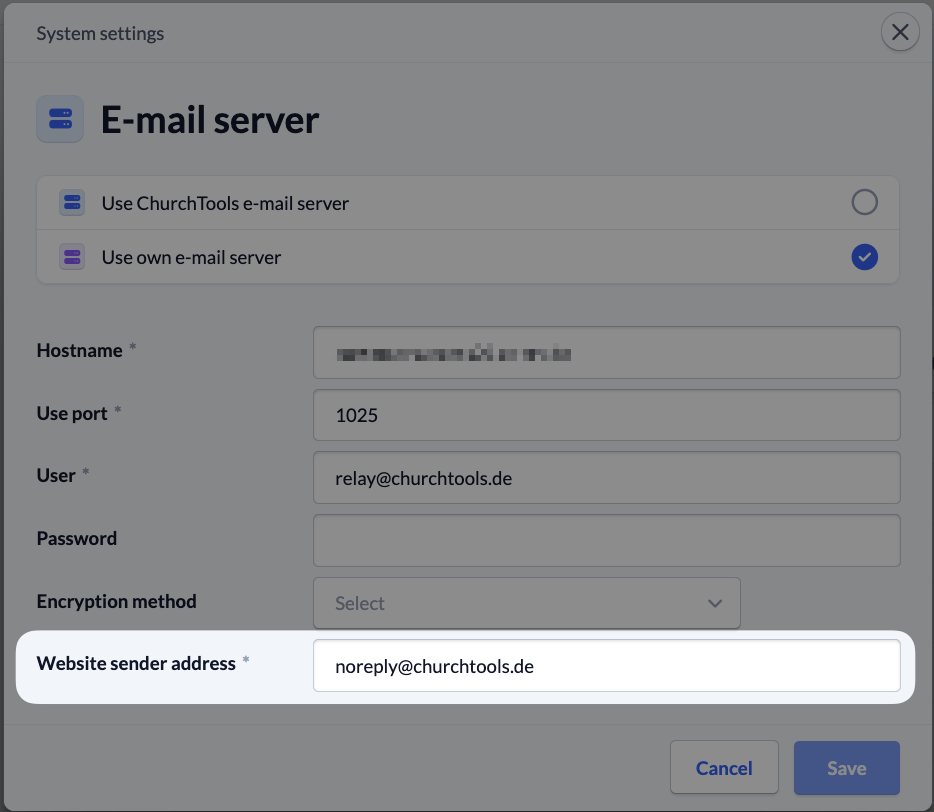 Screenshot System settings Communication Use own e-mail server