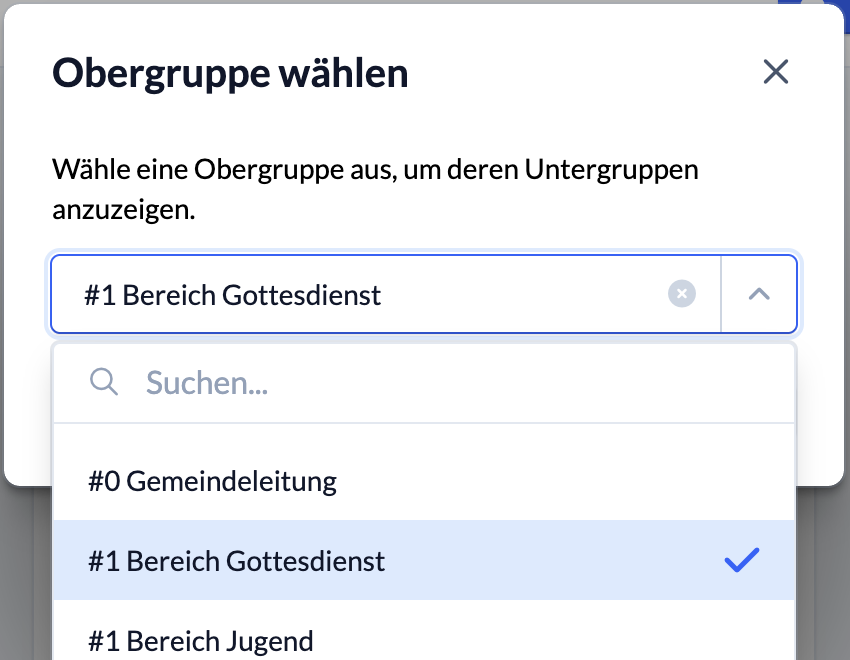 Screenshot Check-in Obergruppe auswählen