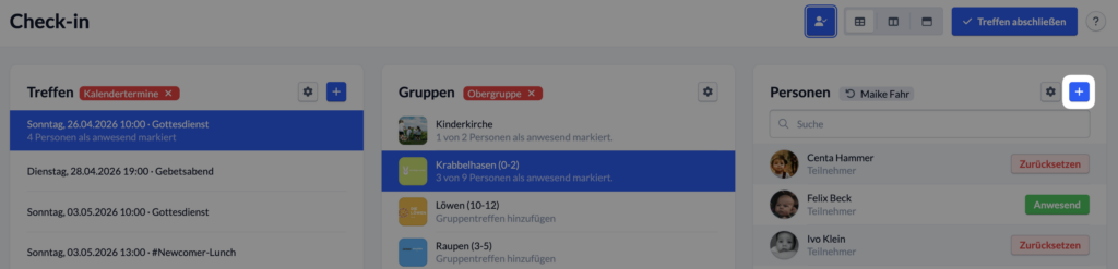 Screenshot: Neue Person über das blaue Plus-Symbol oberhalb der Personenliste hinzufügen