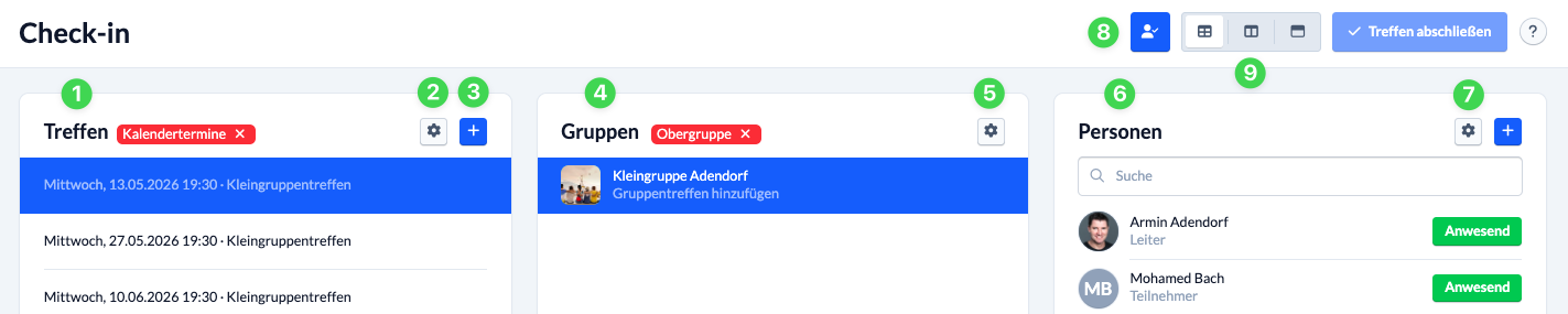 Screenshot Treffen- und Gruppenauswahl mit Optionen