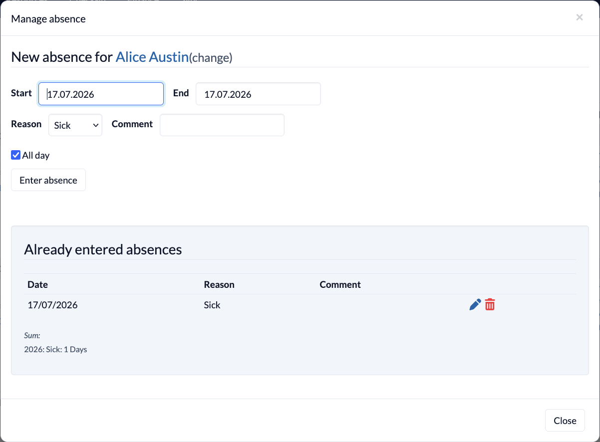 Screenshot Events Manage absence Already entered absence